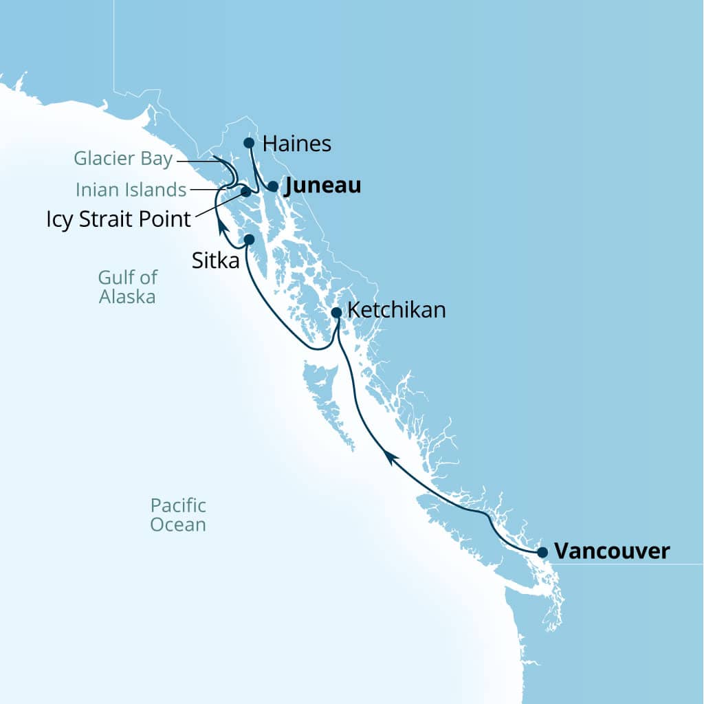 Seabourn Encore 7-day Vancouver, B.C., CA to Juneau, Alaska, US itinerary map, May 26-June 2 2028