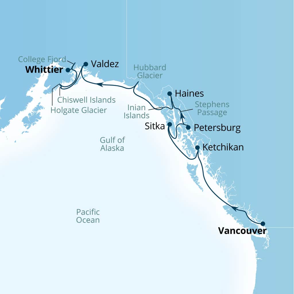 Seabourn Encore 11-day Vancouver, B.C., CA to Whittier, Alaska, US itinerary map, June 9-20 2028