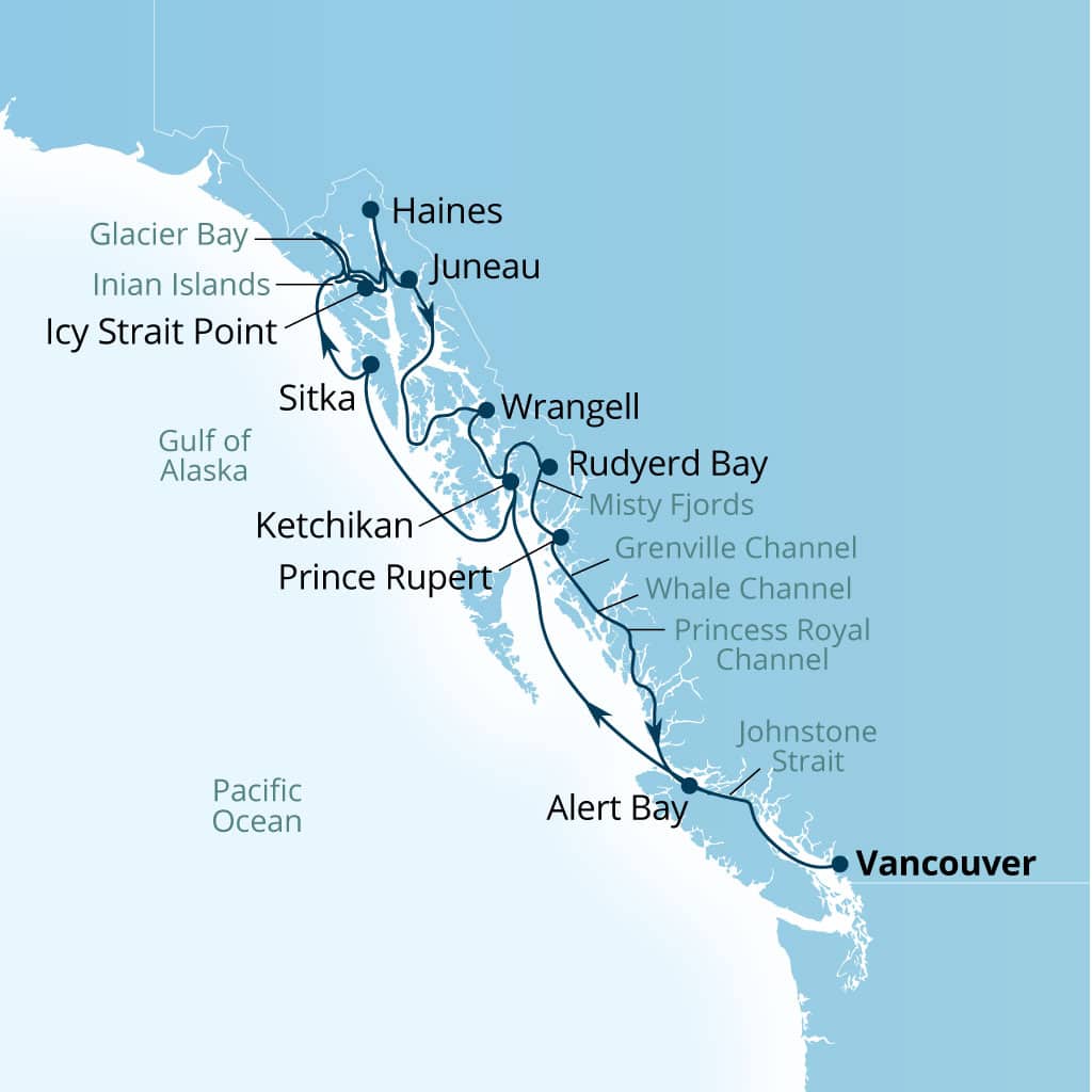 Seabourn Encore 14-day Vancouver, B.C., CA to Vancouver, B.C., CA itinerary map, May 12-26 2028