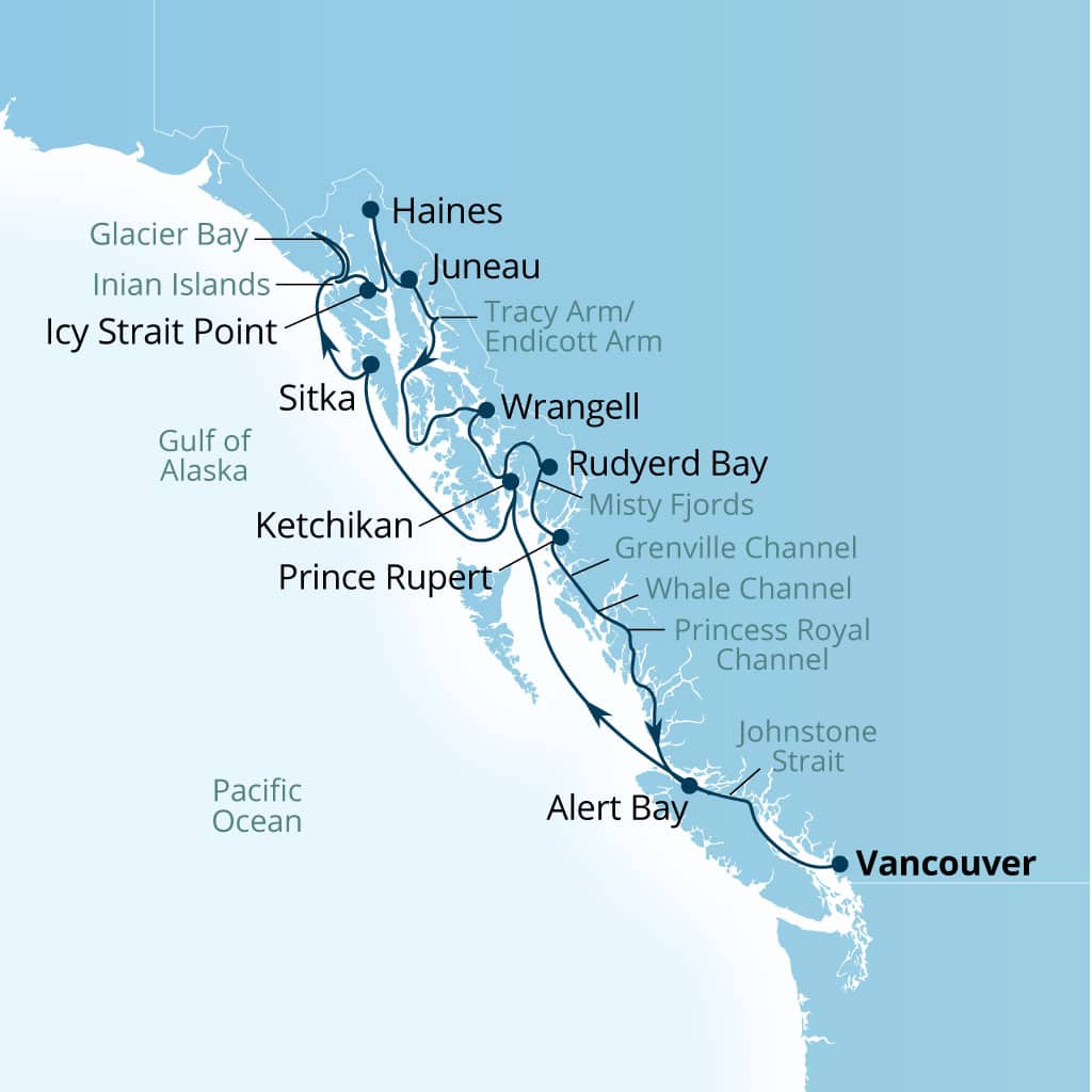 Seabourn Encore 14-day Vancouver, B.C., CA to Vancouver, B.C., CA itinerary map, May 26-June 9 2028