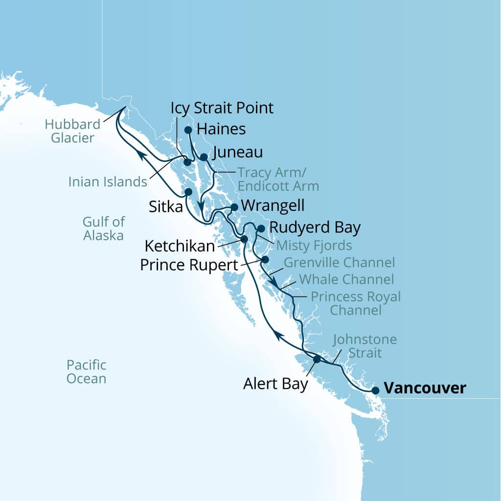 Seabourn Encore 14-day Vancouver, B.C., CA to Vancouver, B.C., CA itinerary map, July 14-28 2028