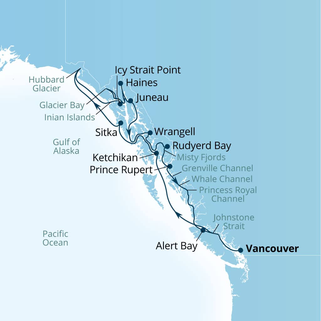 Seabourn Encore 14-day Vancouver, B.C., CA to Vancouver, B.C., CA itinerary map, August 25-September 8 2028