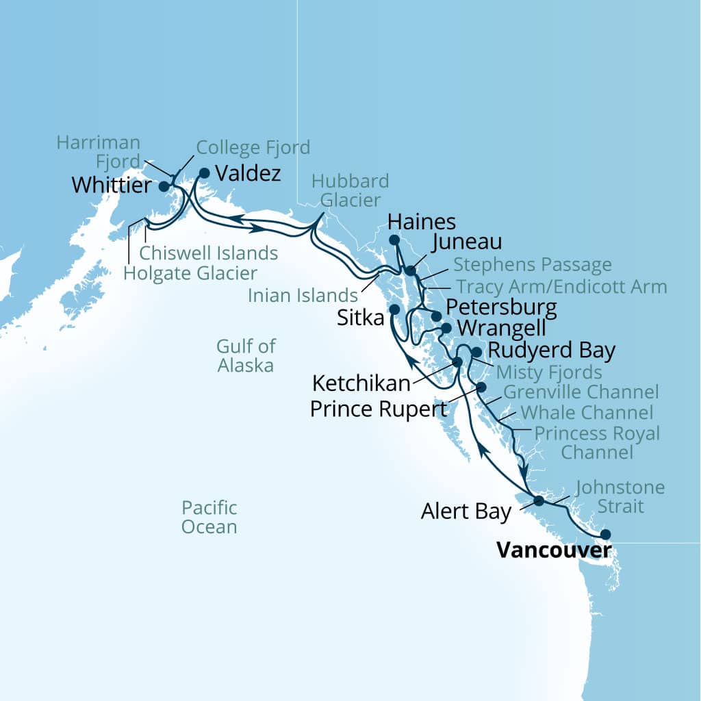 Seabourn Encore 21-day Vancouver, B.C., CA to Vancouver, B.C., CA itinerary map, June 9-30 2028