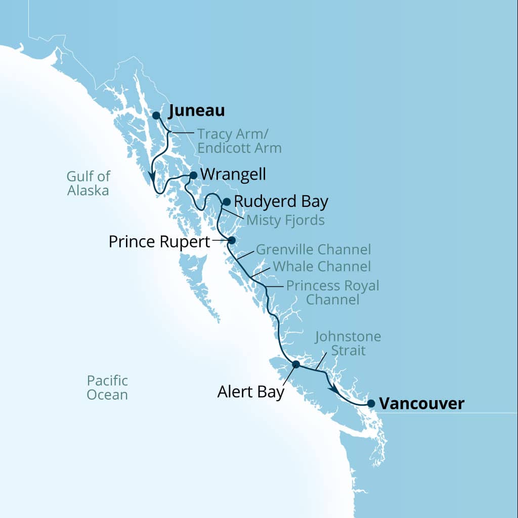 Seabourn Encore 7-day Juneau, Alaska, US to Vancouver, B.C., CA itinerary map, July 21-28 2028