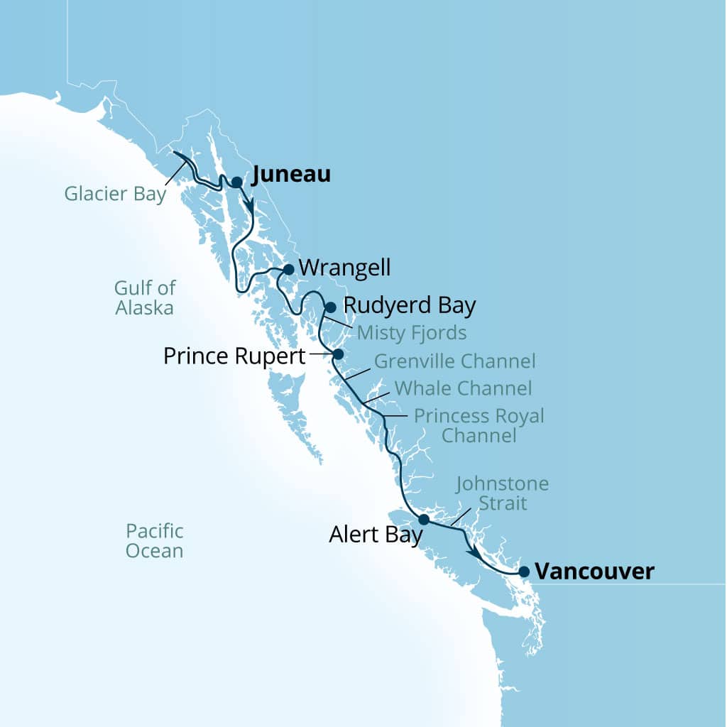 Seabourn Encore 7-day Juneau, Alaska, US to Vancouver, B.C., CA itinerary map, September 1-8 2028