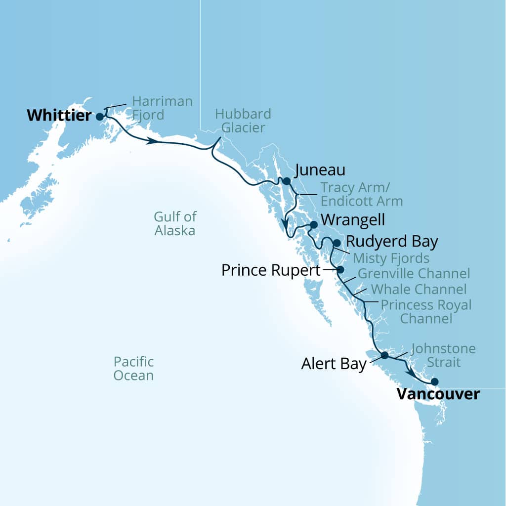 Seabourn Encore 10-day Whittier, Alaska, US to Vancouver, B.C., CA itinerary map, June 20-30 2028