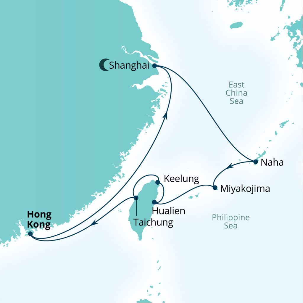 Seabourn Encore 12-day Hong Kong, China to Hong Kong, China itinerary map, January 31-February 12 2028