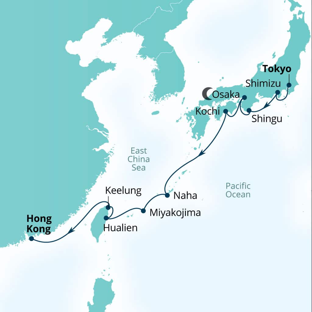 Seabourn Encore 12-day Tokyo, Japan to Hong Kong, China itinerary map, November 24-December 6 2028