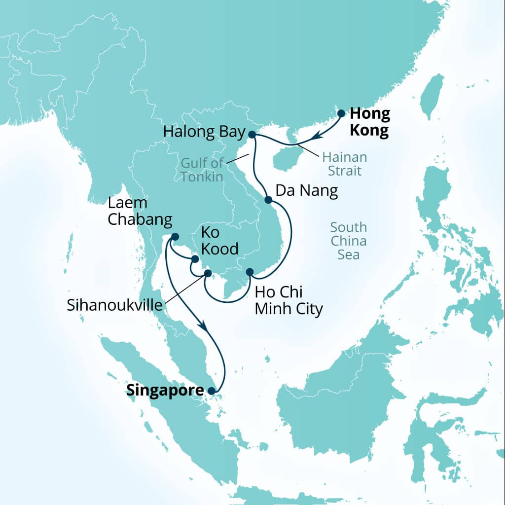 Seabourn Encore 14-day Hong Kong, China to Singapore itinerary map, December 6-20 2028