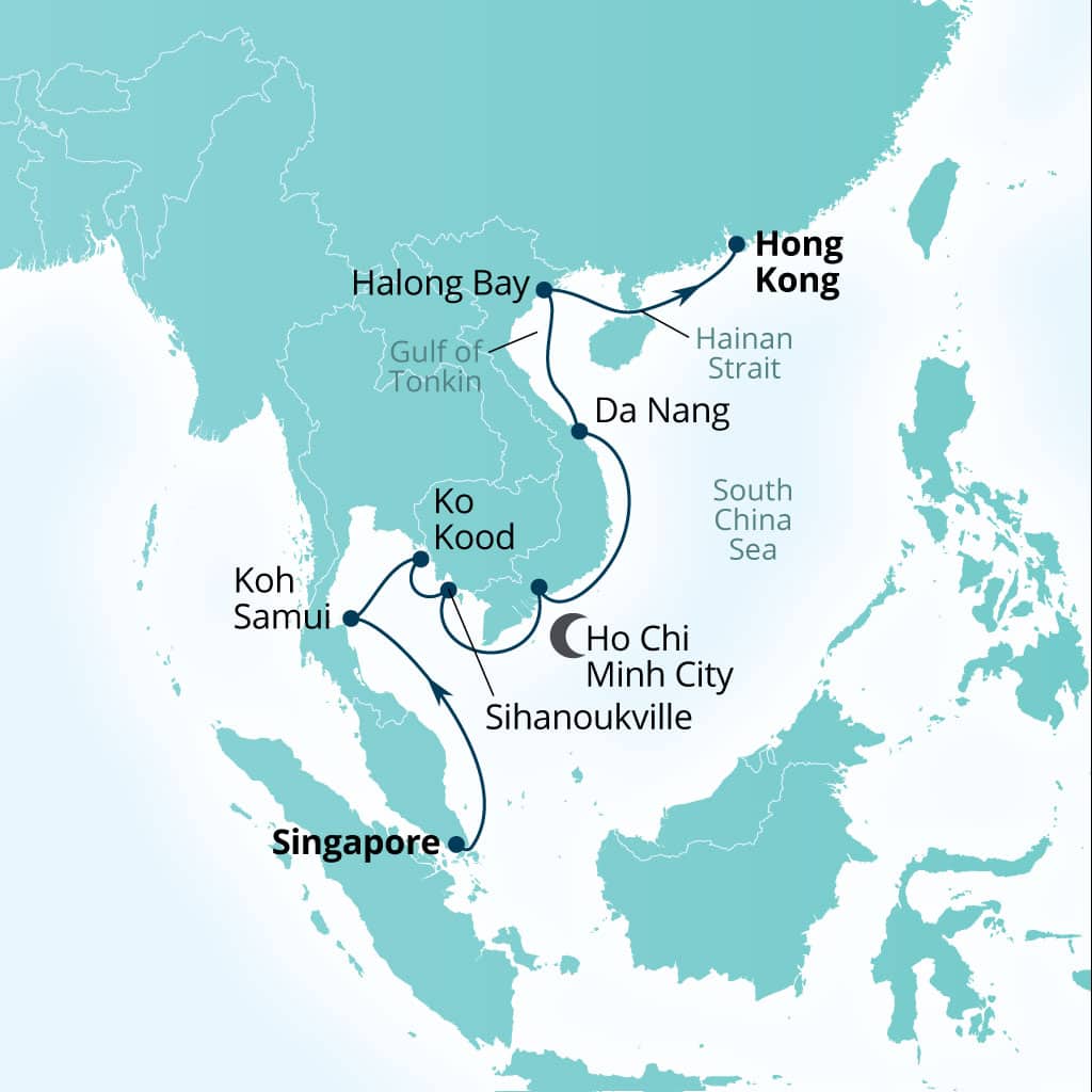 Seabourn Encore 14-day Singapore to Hong Kong, China itinerary map, December 20-January 3 2029