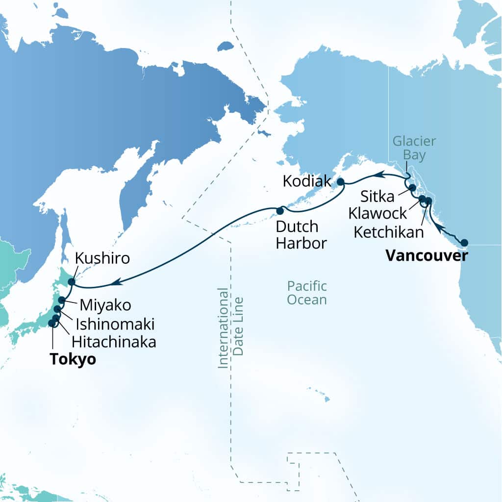Seabourn Encore 20-day Vancouver, B.C., CA to Tokyo, Japan itinerary map, September 8-29 2028