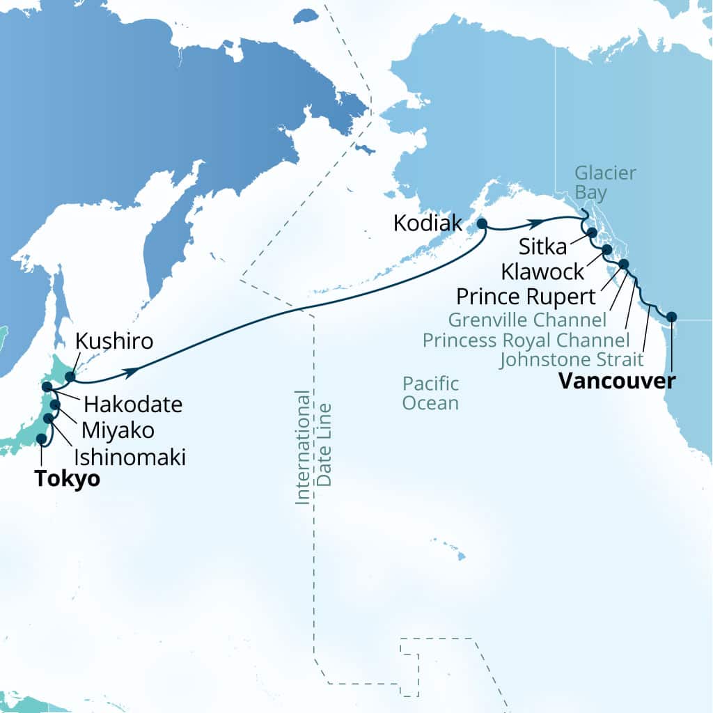 Seabourn Encore 21-day Tokyo, Japan to Vancouver, B.C., CA itinerary map, April 22-May 12 2028