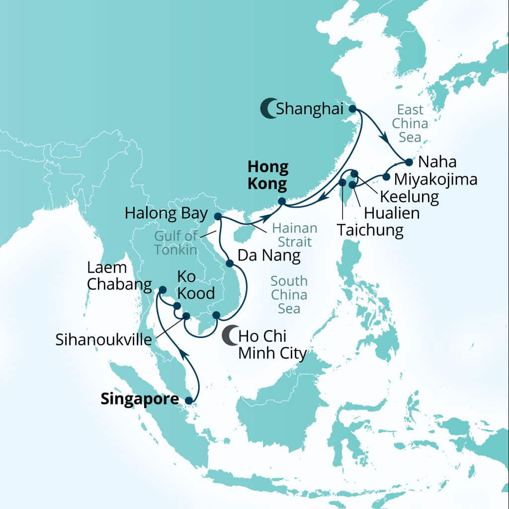 Seabourn Encore 26-day Singapore to Hong Kong, China itinerary map, January 17-February 12 2028