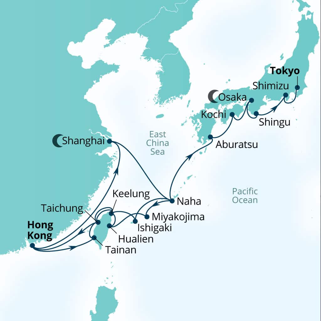 Seabourn Encore 26-day Hong Kong, China to Tokyo, Japan itinerary map, January 31-February 26 2028