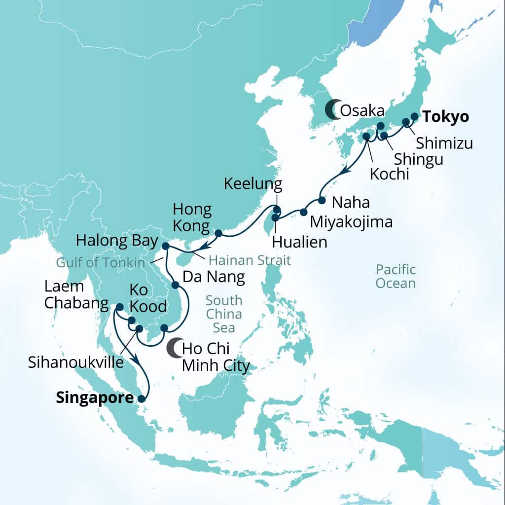 Seabourn Encore 26-day Tokyo, Japan to Singapore itinerary map, November 24-December 20 2028