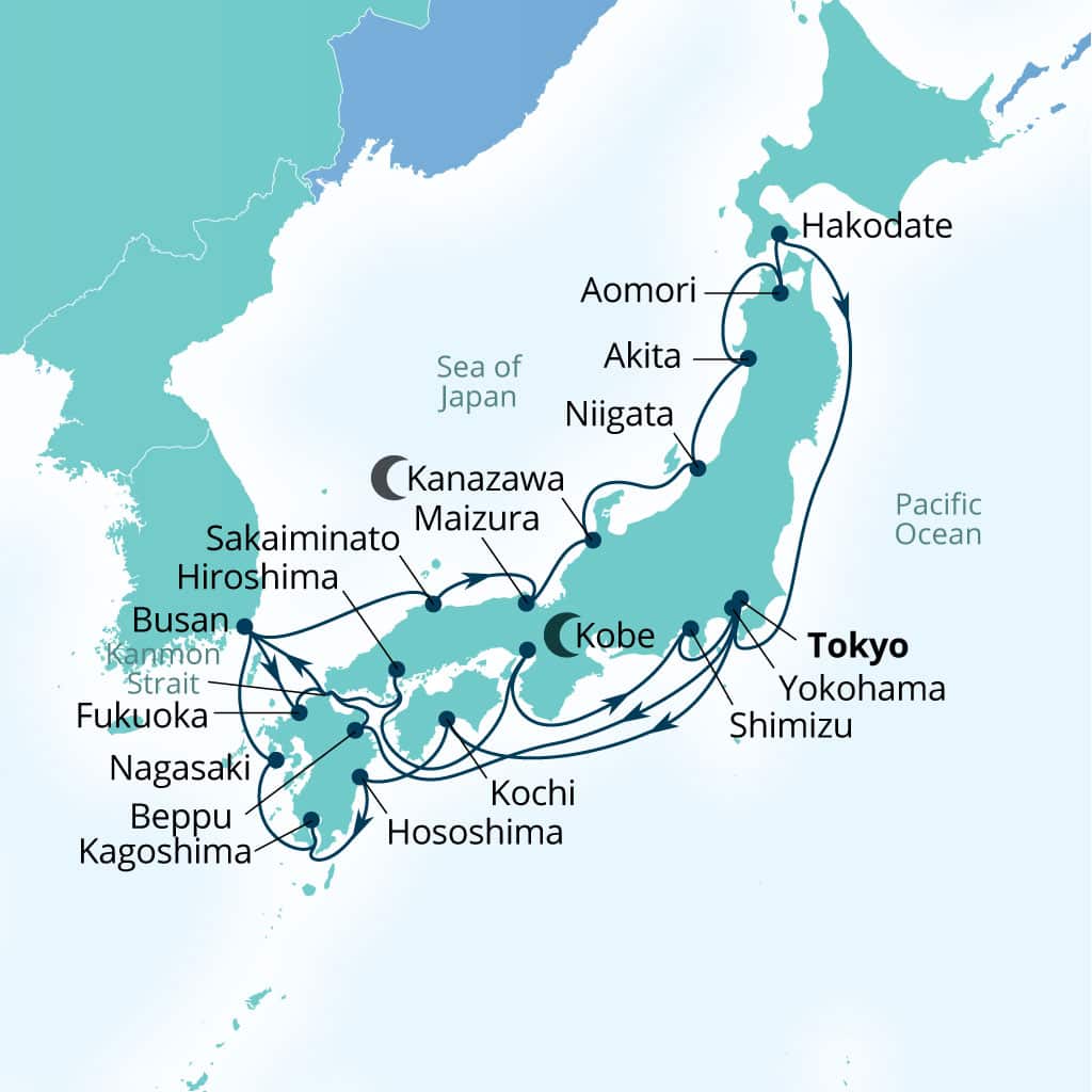 Seabourn Encore 28-day Tokyo, Japan to Tokyo, Japan itinerary map, March 25-April 22 2028