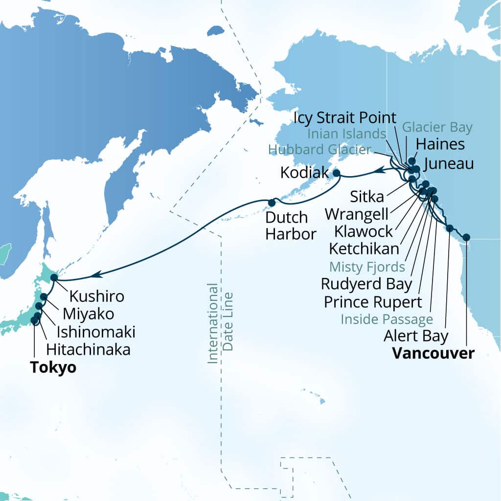 Seabourn Encore 34-day Vancouver, B.C., CA to Tokyo, Japan itinerary map, August 25-September 29 2028