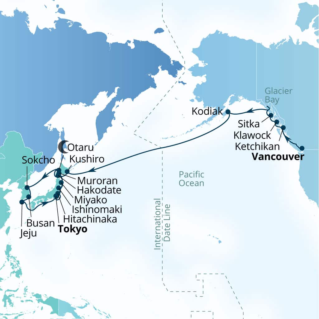 Seabourn Encore 34-day Vancouver, B.C., CA to Tokyo, Japan itinerary map, September 8-October 13 2028