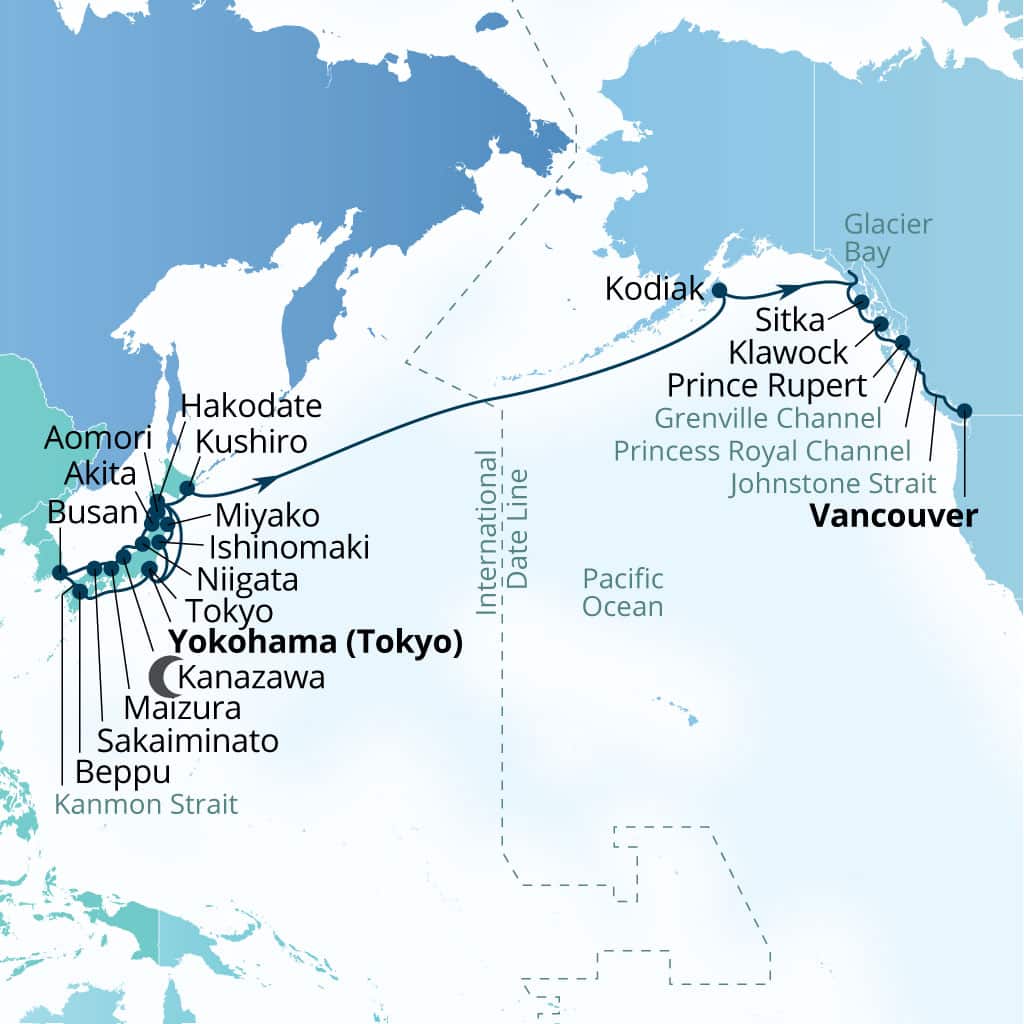 Seabourn Encore 35-day Yokohama, Japan to Vancouver, B.C., CA itinerary map, April 8-May 12 2028