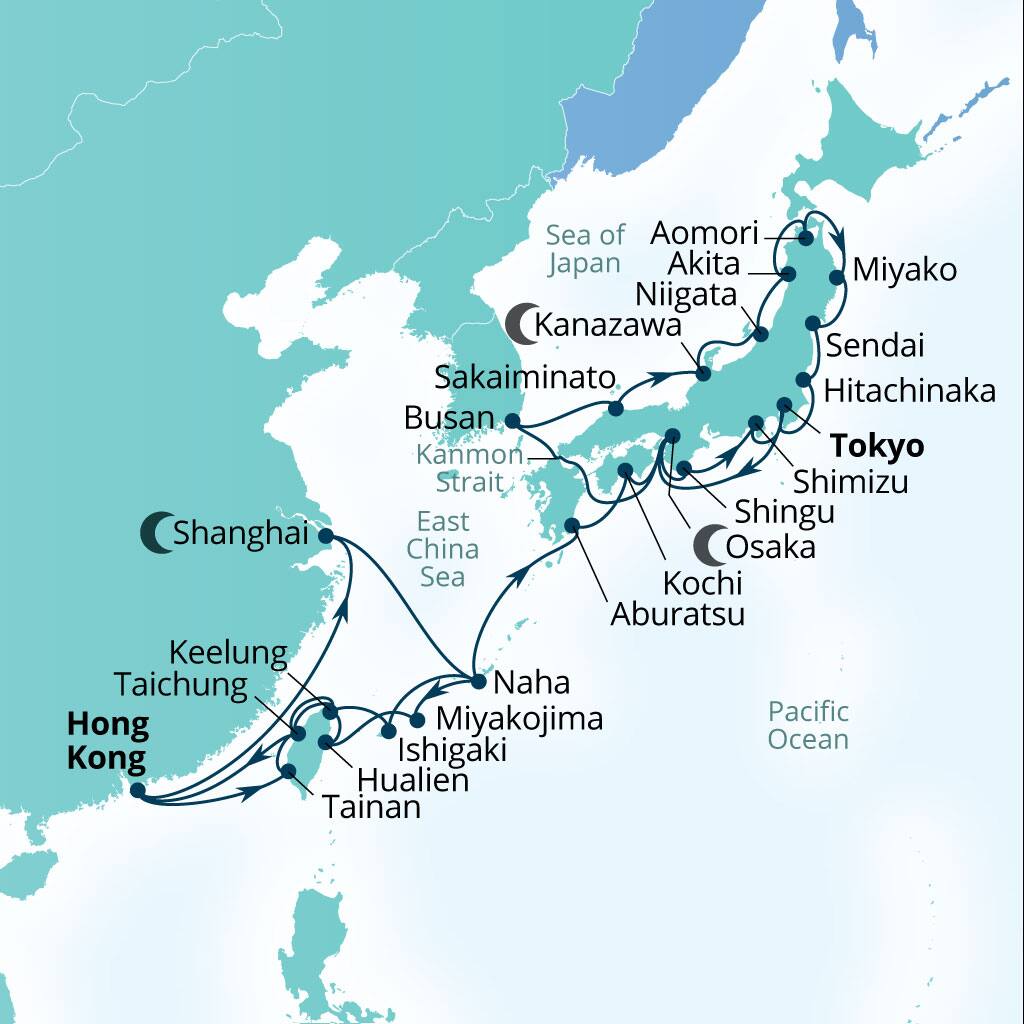 Seabourn Encore 40-day Hong Kong, China to Tokyo, Japan itinerary map, January 31-March 11 2028