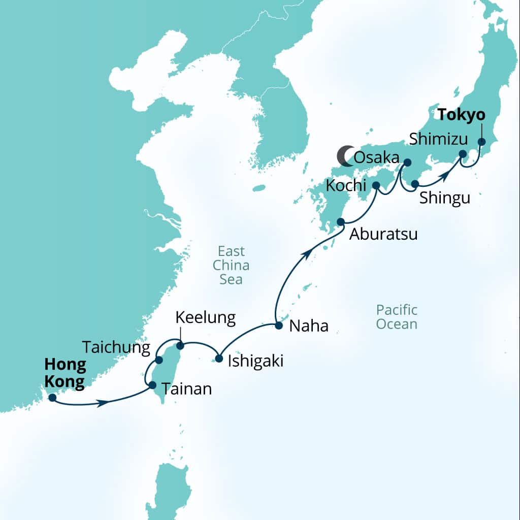 Seabourn Encore 14-day Hong Kong, China to Tokyo, Japan itinerary map, February 12-26 2028