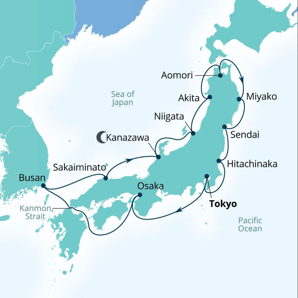 Seabourn Encore 14-day Tokyo, Japan to Tokyo, Japan itinerary map, February 26-March 11 2028