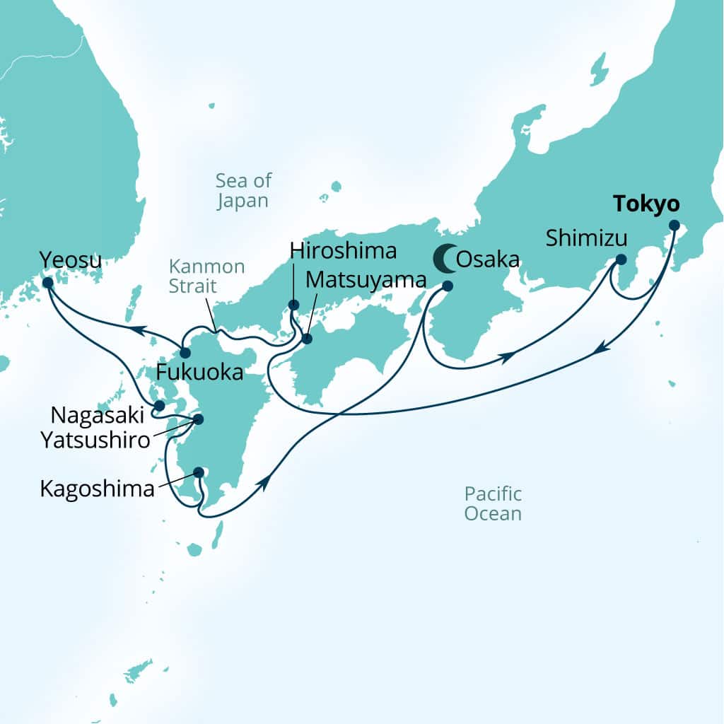 Seabourn Encore 14-day Tokyo, Japan to Tokyo, Japan itinerary map, March 11-25 2028