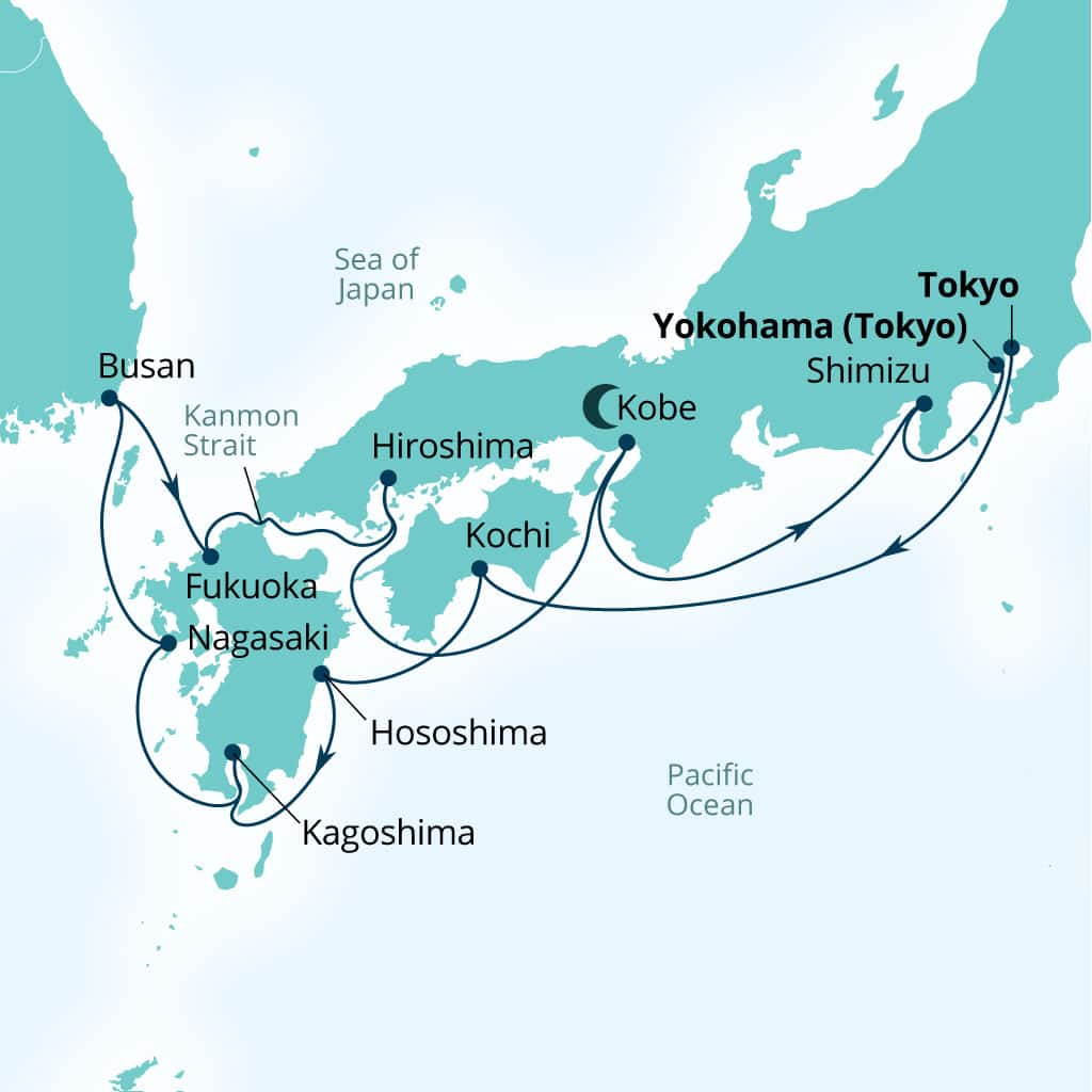 Seabourn Encore 14-day Tokyo, Japan to Yokohama, Japan itinerary map, March 25-April 8 2028