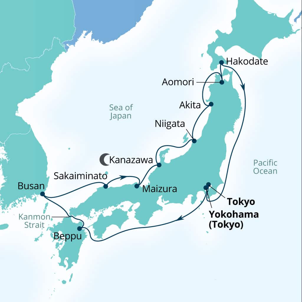 Seabourn Encore 14-day Yokohama, Japan to Tokyo, Japan itinerary map, April 8-22 2028