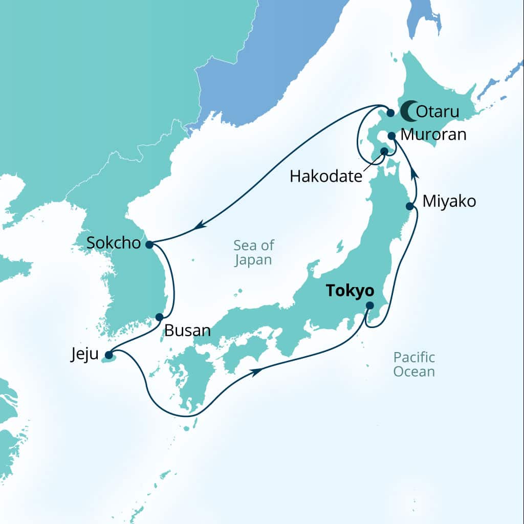 Seabourn Encore 14-day Tokyo, Japan to Tokyo, Japan itinerary map, September 29-October 13 2028