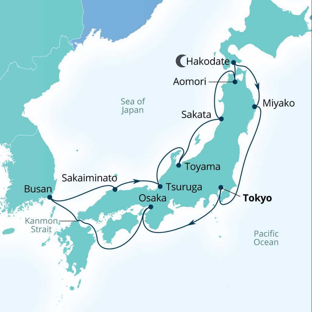 Seabourn Encore 14-day Tokyo, Japan to Tokyo, Japan itinerary map, October 13-27 2028