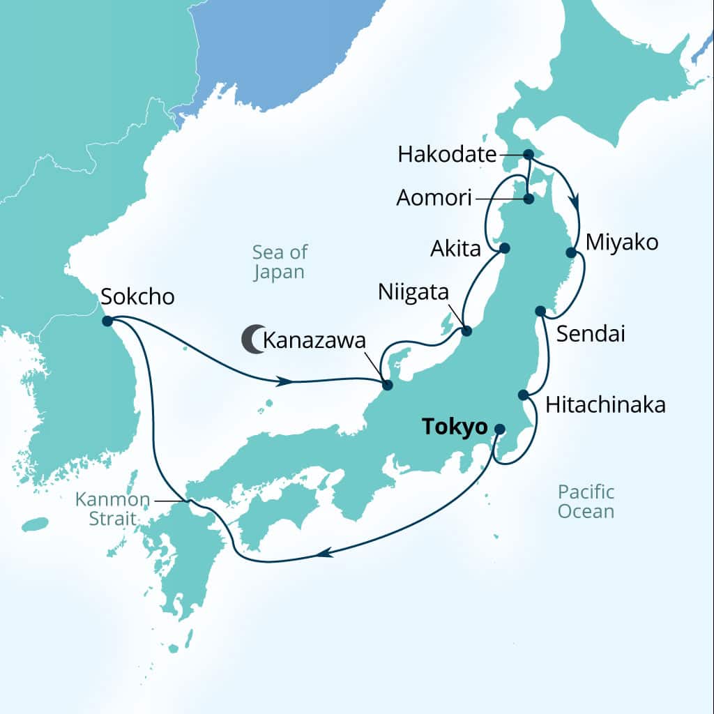 Seabourn Encore 14-day Tokyo, Japan to Tokyo, Japan itinerary map, October 27-November 10 2028