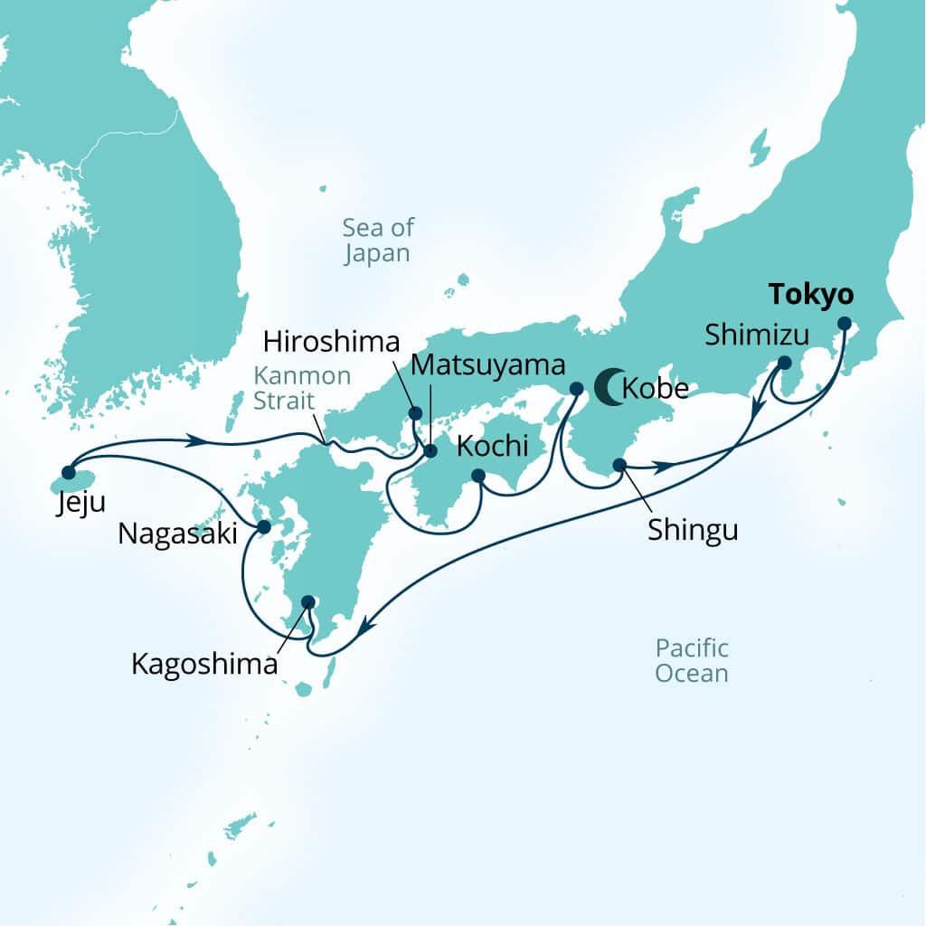 Seabourn Encore 14-day Tokyo, Japan to Tokyo, Japan itinerary map, November 10-24 2028