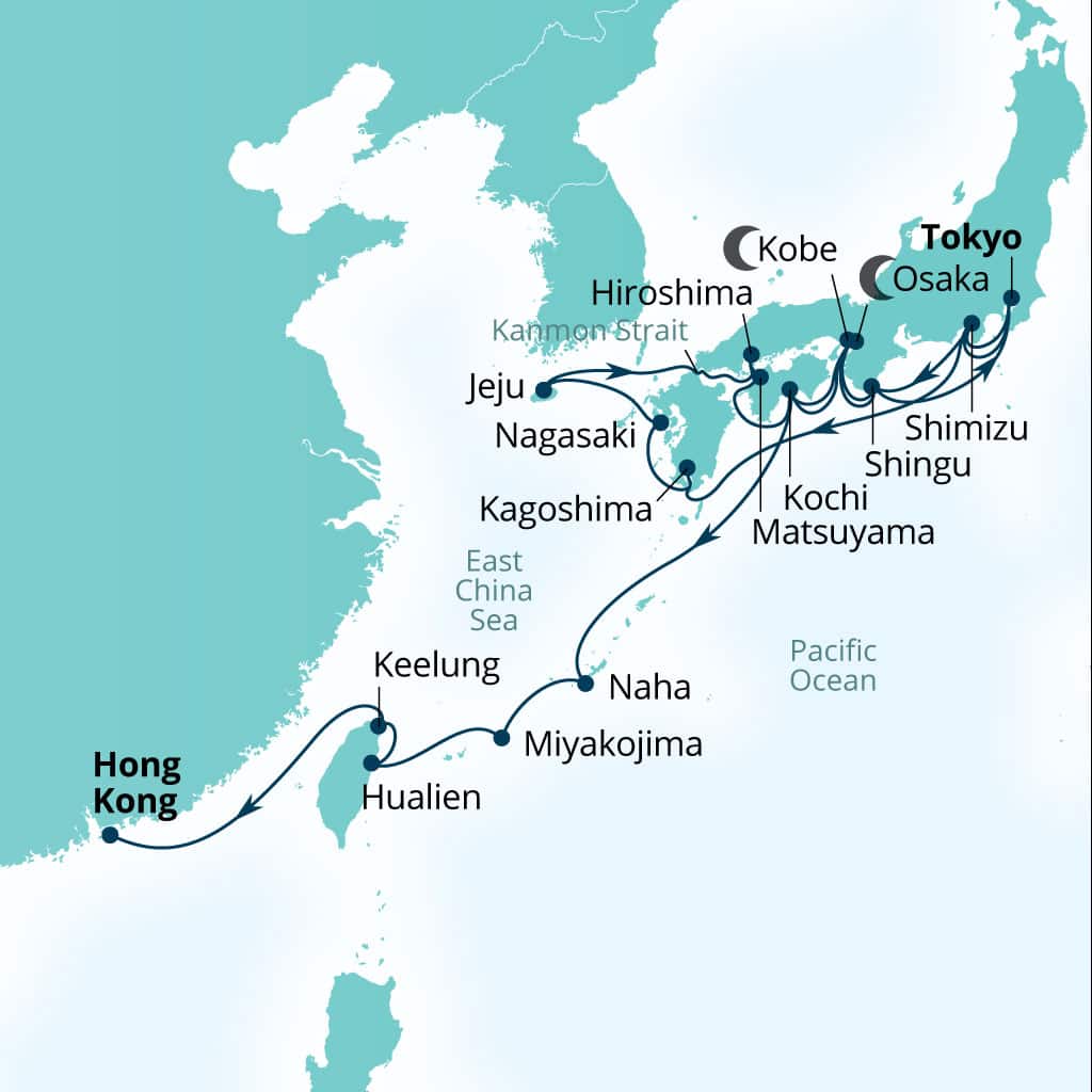Seabourn Encore 26-day Tokyo, Japan to Hong Kong, China itinerary map, November 10-December 6 2028
