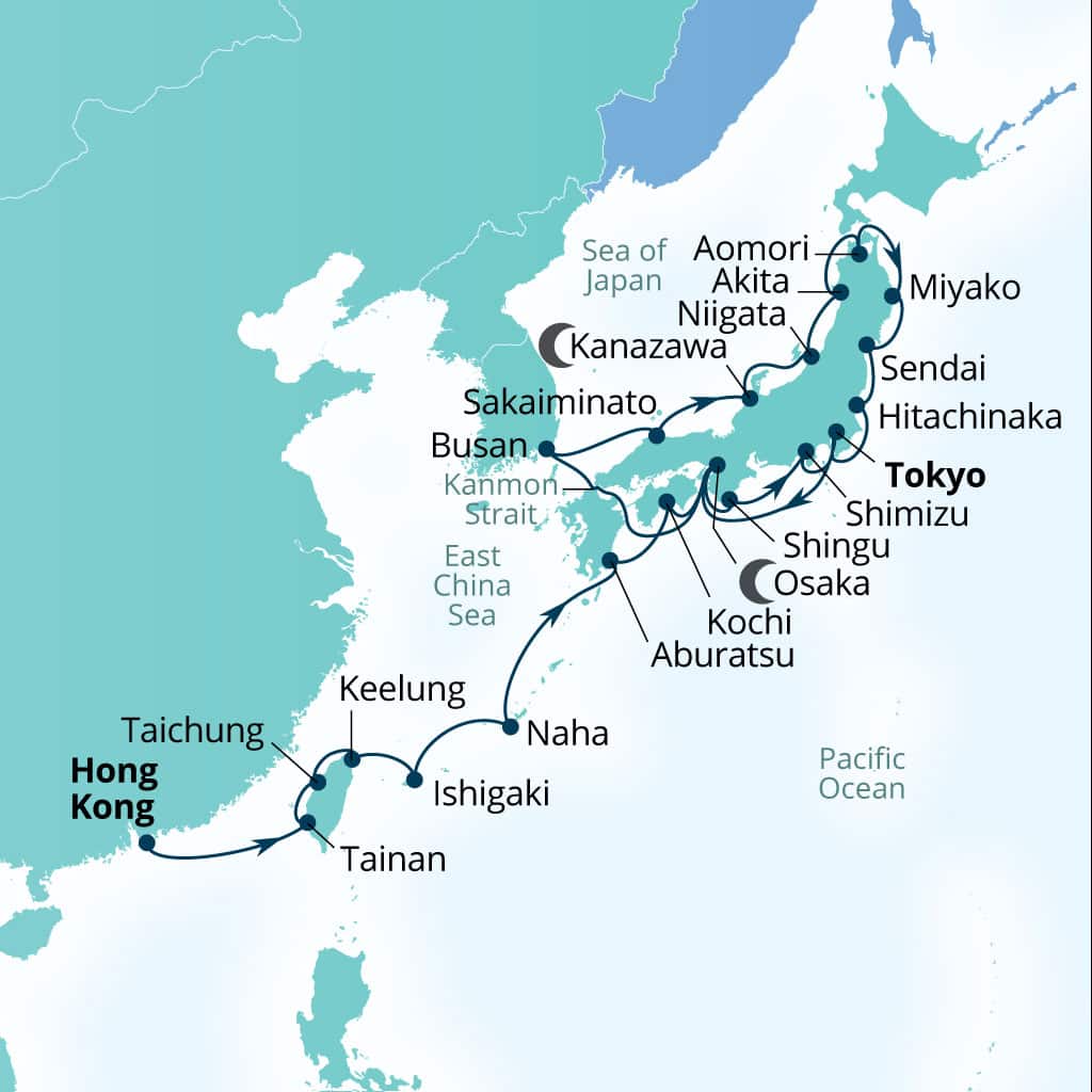 Seabourn Encore 28-day Hong Kong, China to Tokyo, Japan itinerary map, February 12-March 11 2028