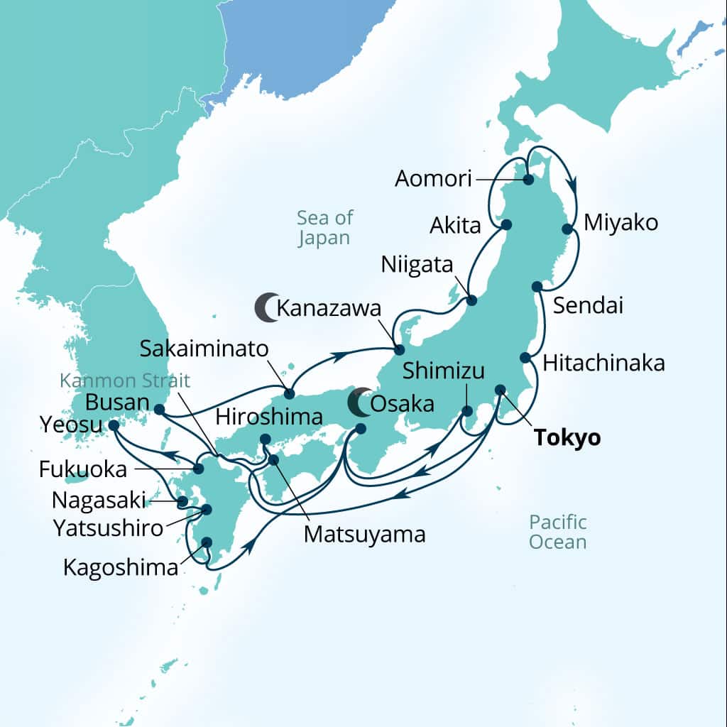 Seabourn Encore 28-day Tokyo, Japan to Tokyo, Japan itinerary map, February 26-March 25 2028