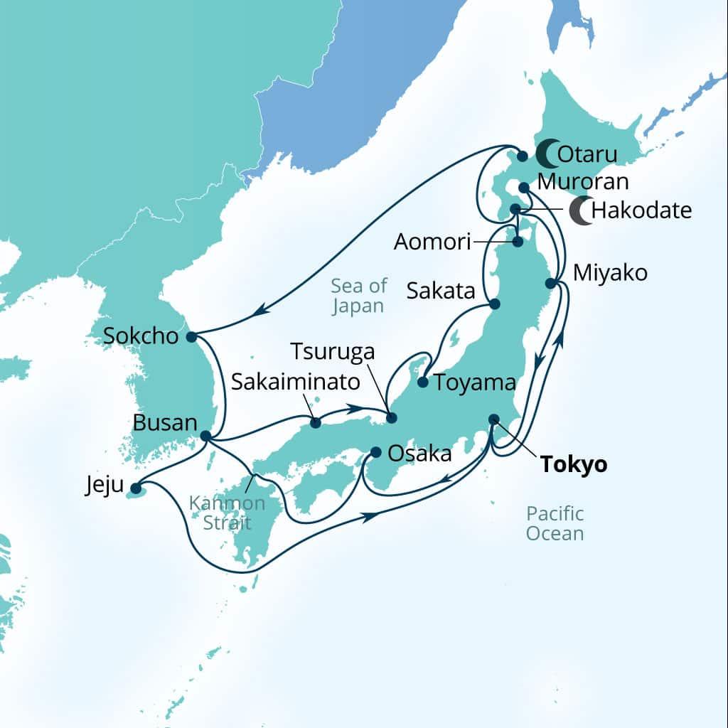 Seabourn Encore 28-day Tokyo, Japan to Tokyo, Japan itinerary map, September 29-October 27 2028
