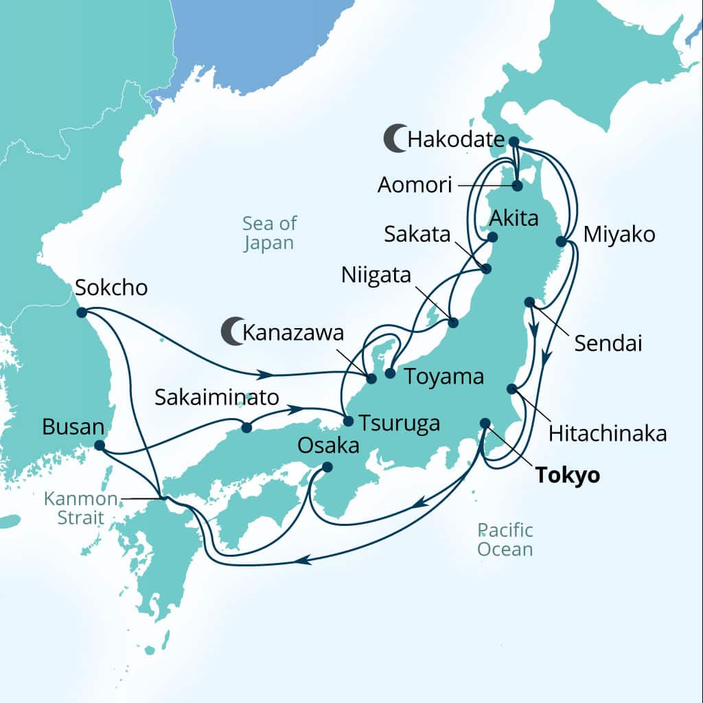 Seabourn Encore 28-day Tokyo, Japan to Tokyo, Japan itinerary map, October 13-November 10 2028
