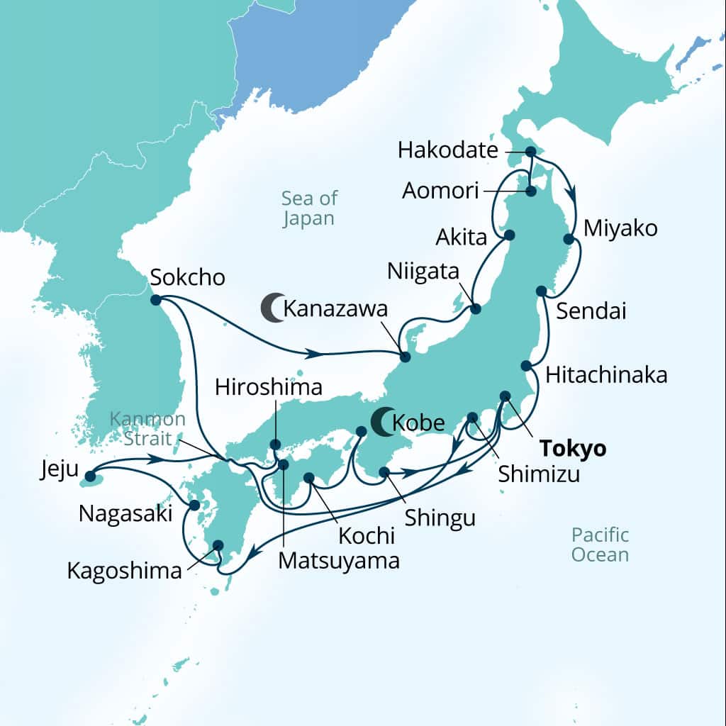 Seabourn Encore 28-day Tokyo, Japan to Tokyo, Japan itinerary map, October 27-November 24 2028