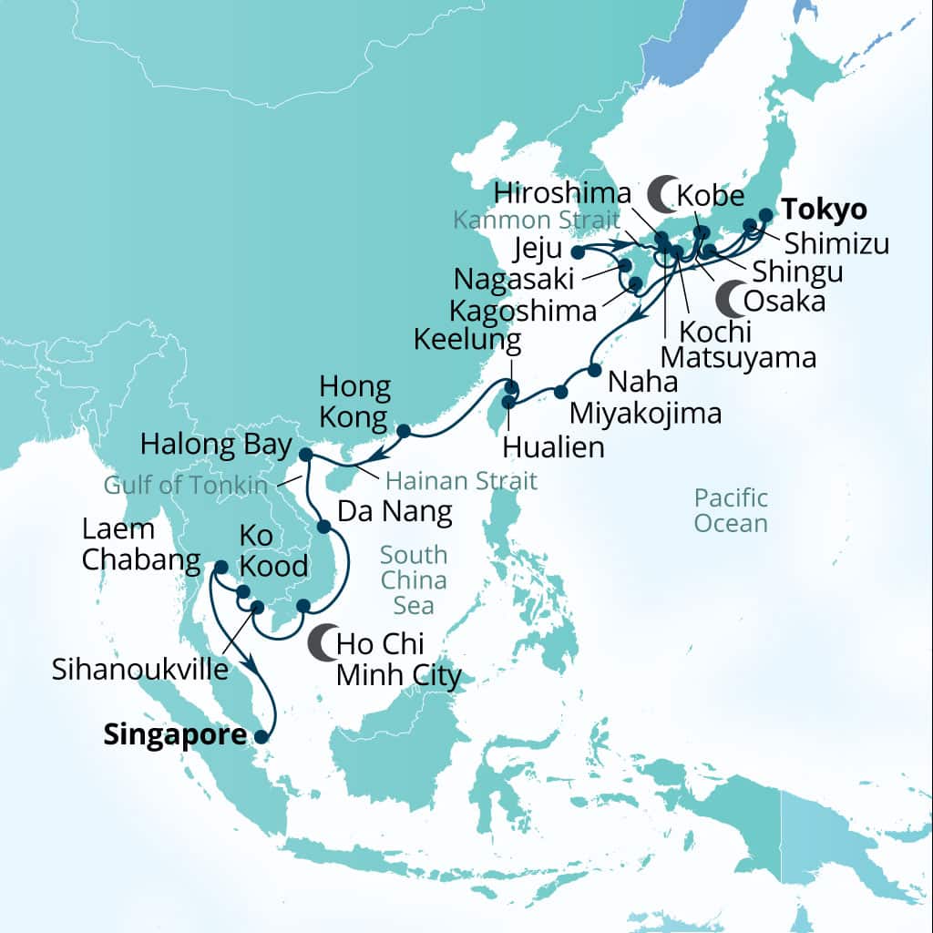 Seabourn Encore 40-day Tokyo, Japan to Singapore itinerary map, November 10-December 20 2028