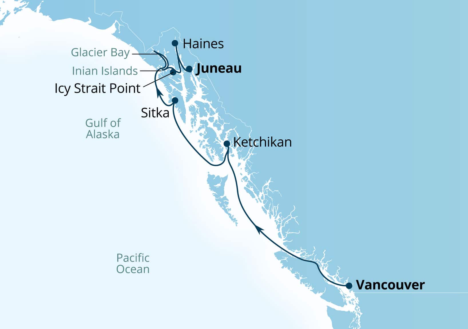 Seabourn Encore Voyage 7927 Vancouver, B.C., CA to Juneau, Alaska, US itinerary map, May 11-18 2029