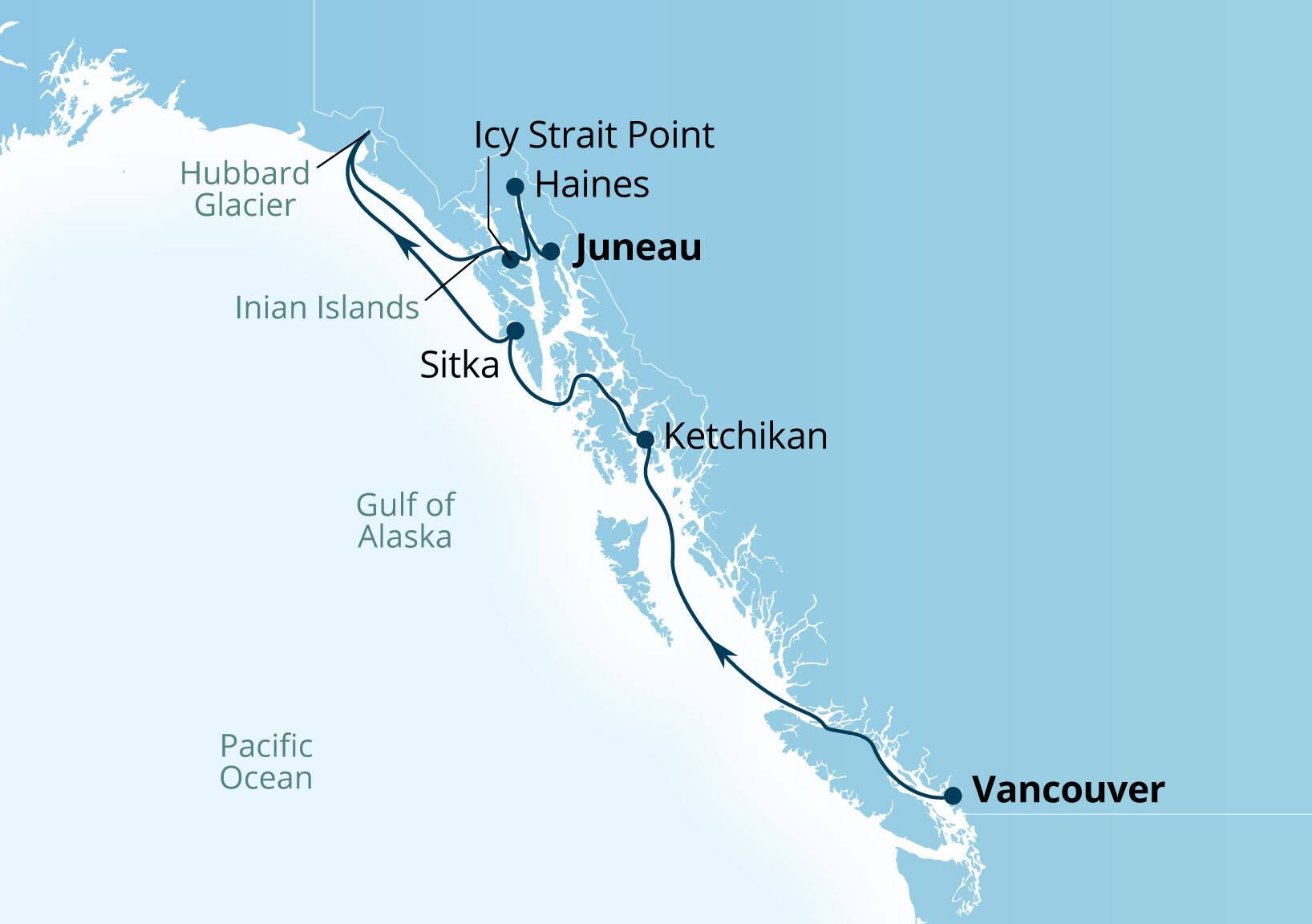 Seabourn Encore Voyage 7946 Vancouver, B.C., CA to Juneau, Alaska, US itinerary map, July 27-August 3 2029