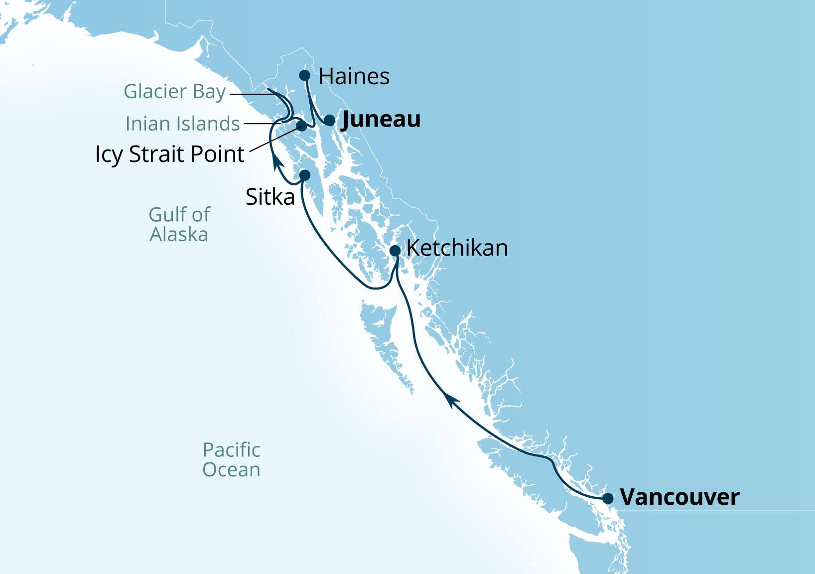 Seabourn Encore Voyage 7954 Vancouver, B.C., CA to Juneau, Alaska, US itinerary map, August 31-September 7 2029