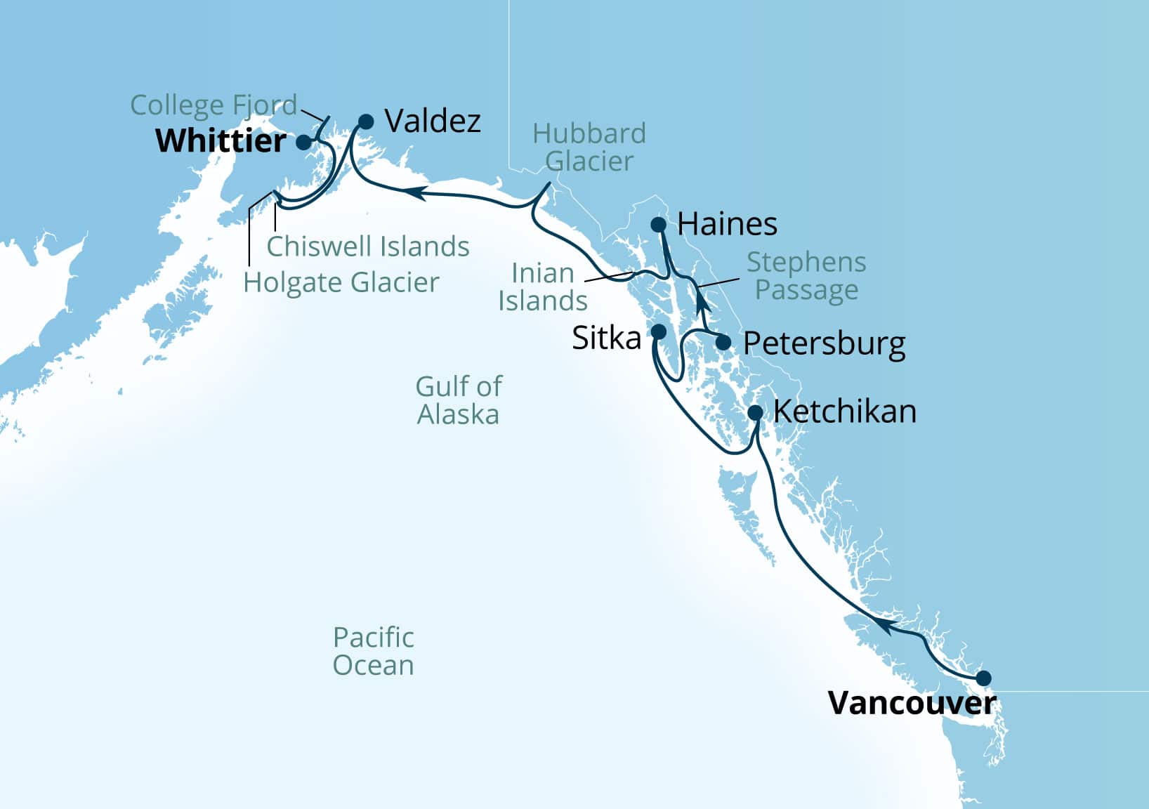 Seabourn Encore Voyage 7934 Vancouver, B.C., CA to Whittier, Alaska, US itinerary map, June 8-19 2029