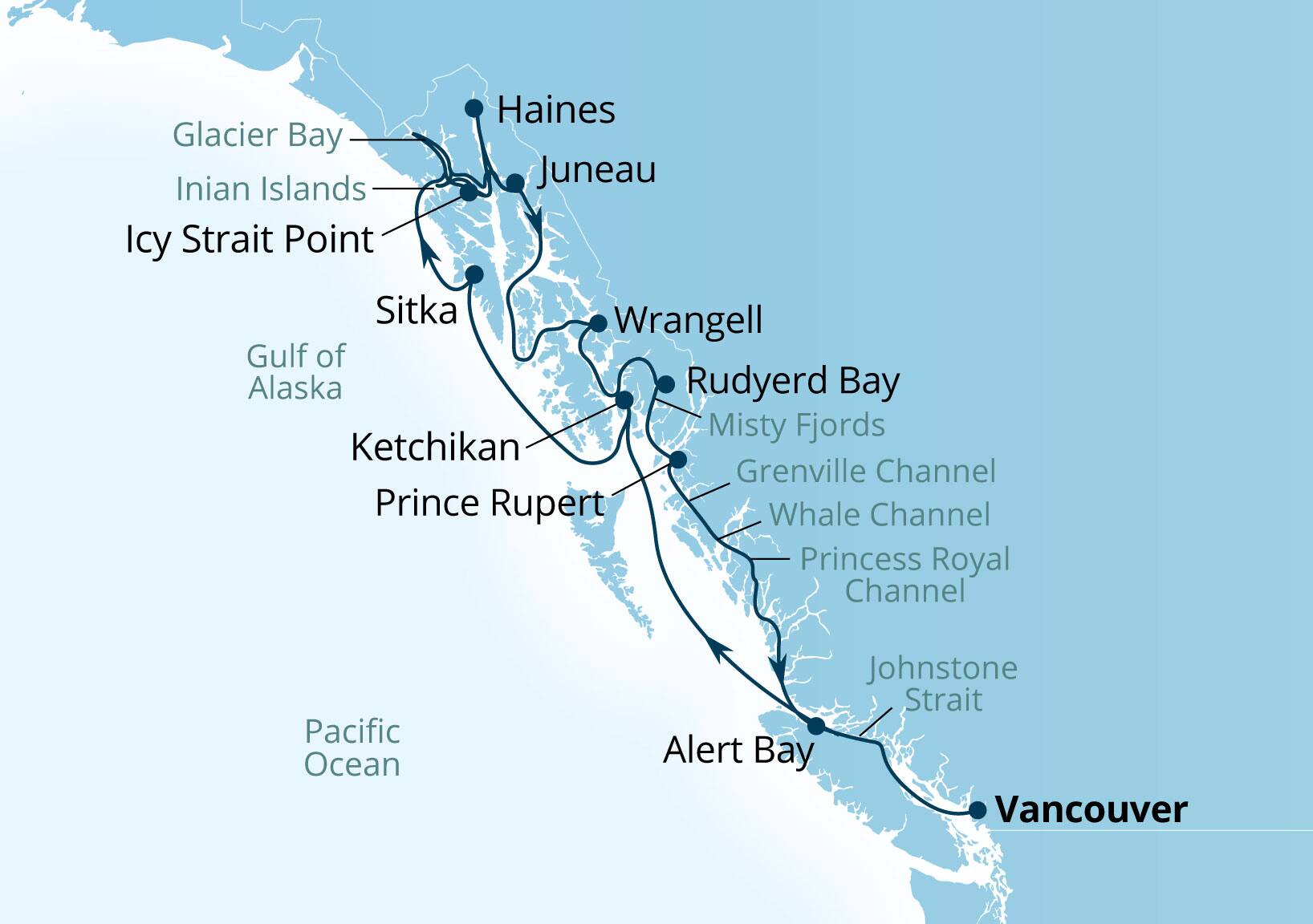 Seabourn Encore Voyage 7927A Vancouver, B.C., CA to Vancouver, B.C., CA itinerary map, May 11-25 2029