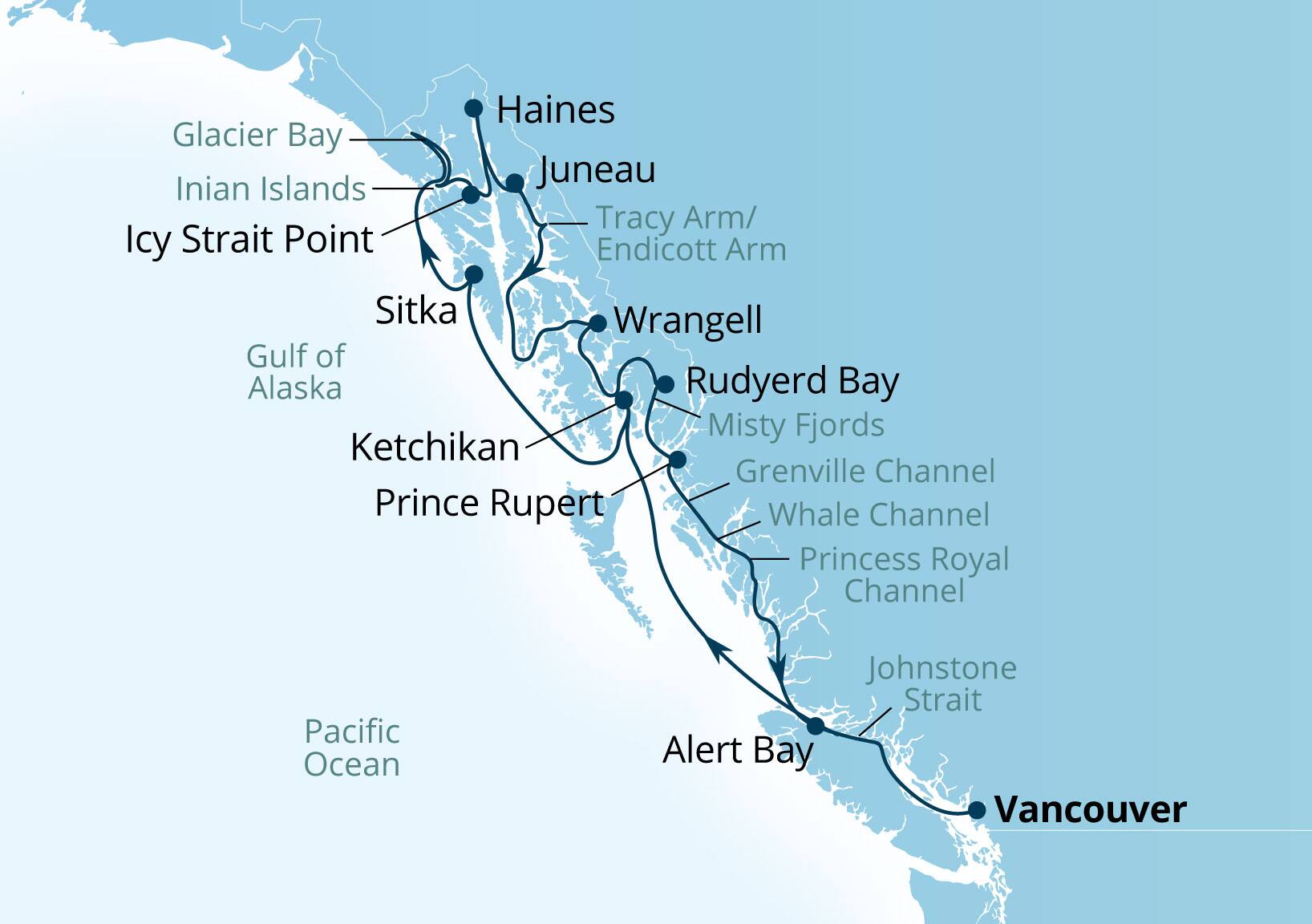 Seabourn Encore Voyage 7930A Vancouver, B.C., CA to Vancouver, B.C., CA itinerary map, May 25-June 8 2029