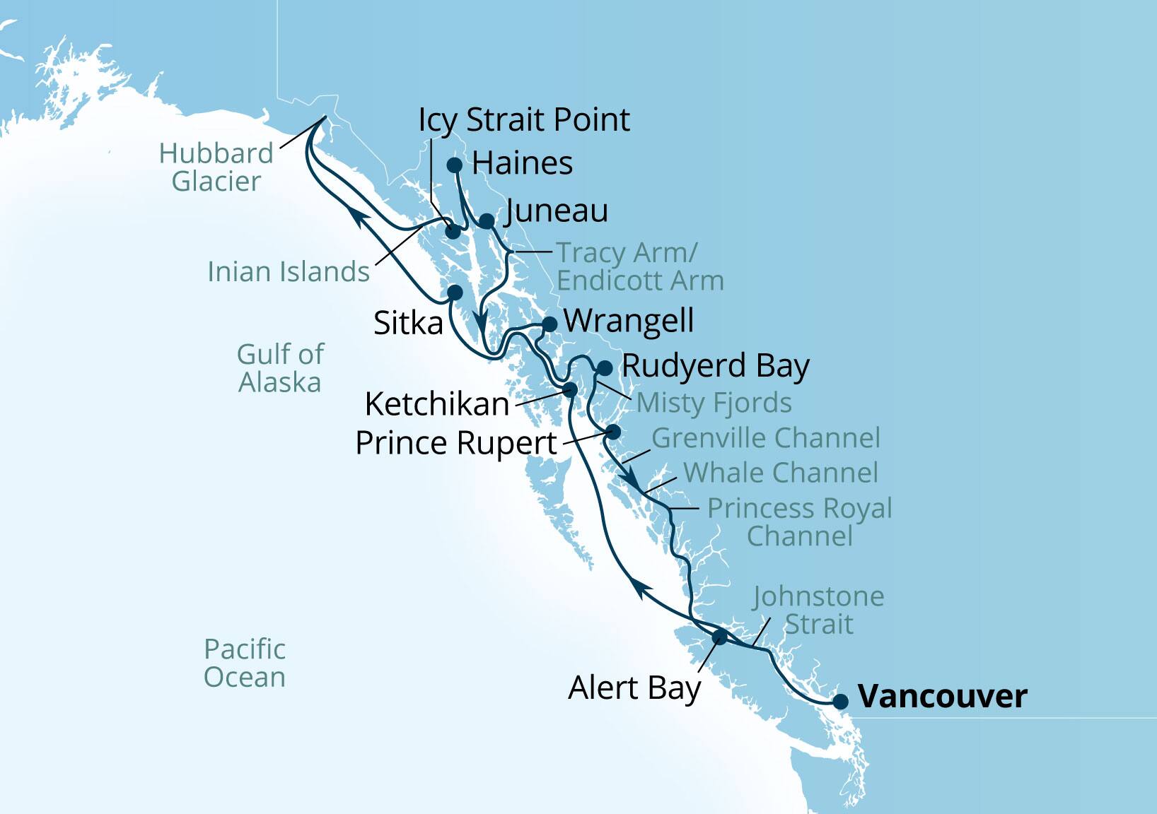 Seabourn Encore Voyage 7946A Vancouver, B.C., CA to Vancouver, B.C., CA itinerary map, July 27-August 10 2029