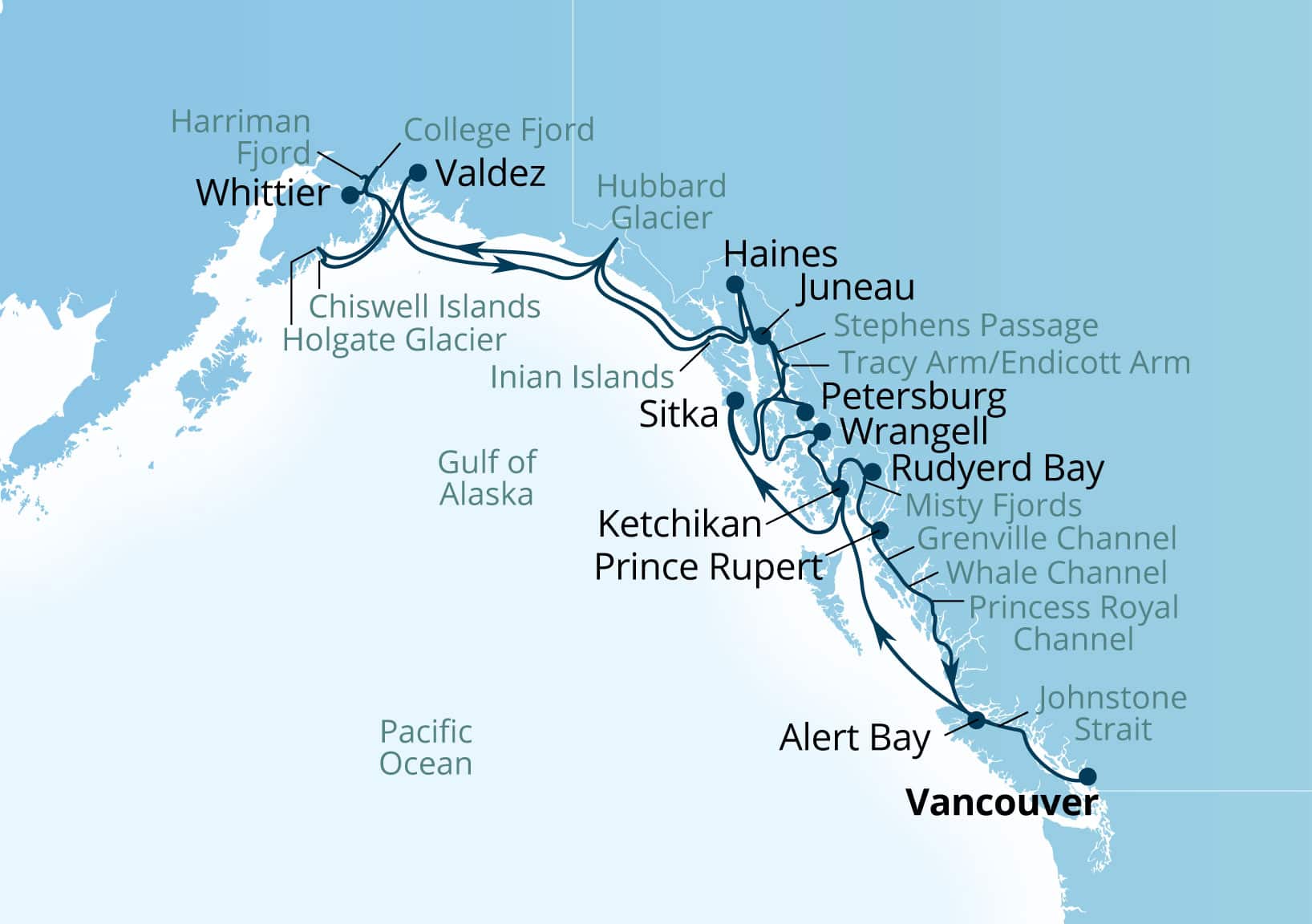 Seabourn Encore Voyage 7934A Vancouver, B.C., CA to Vancouver, B.C., CA itinerary map, June 8-29 2029