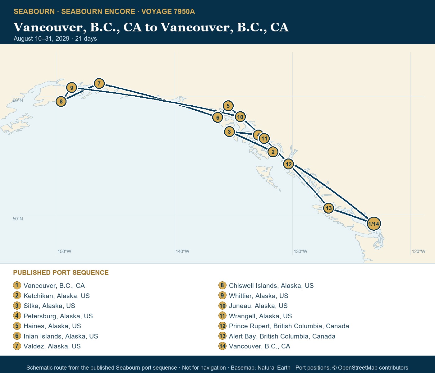 Seabourn Encore Voyage 7950A schematic map of verified named ports, August 10-31 2029