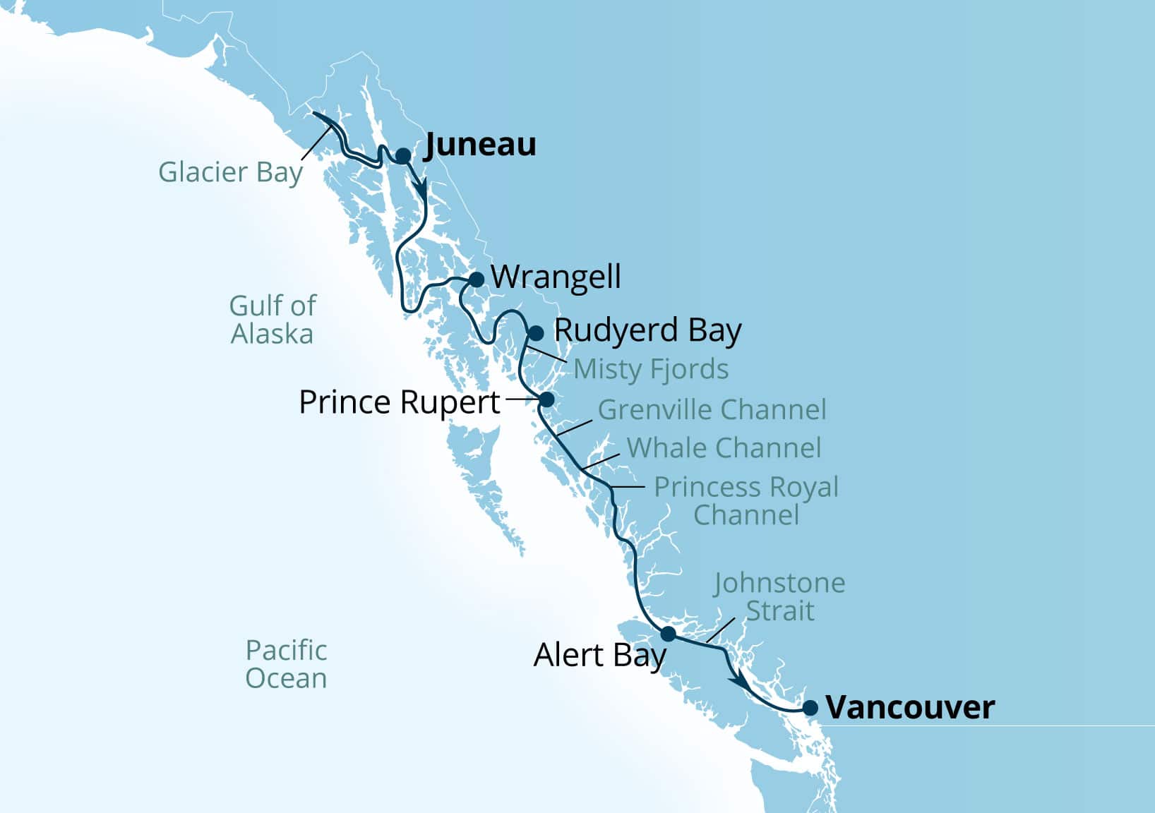 Seabourn Encore Voyage 7929 Juneau, Alaska, US to Vancouver, B.C., CA itinerary map, May 18-25 2029